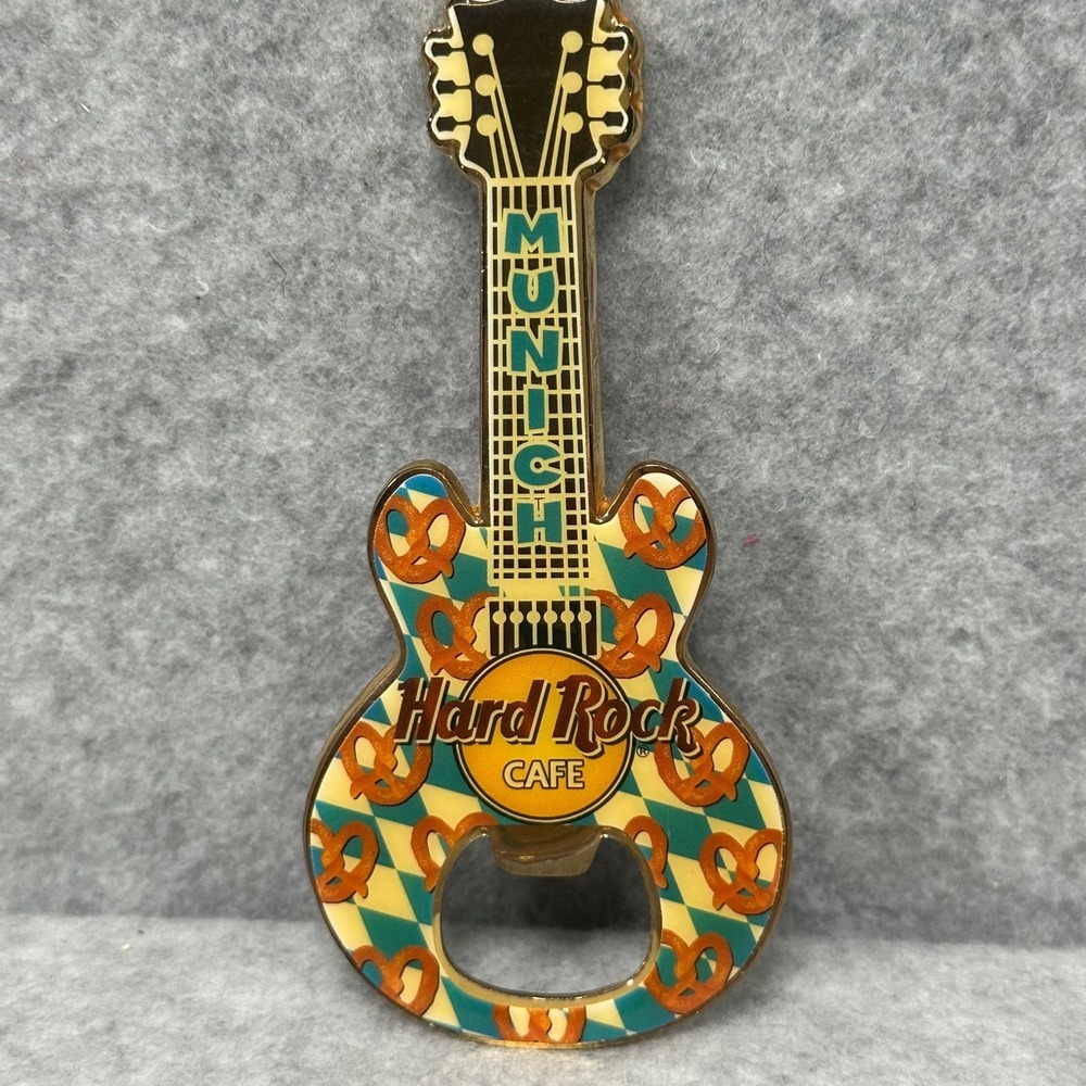 RARE Hard Rock Cafe Munich Guitar Shaped Bottle Opener Pretzel Design